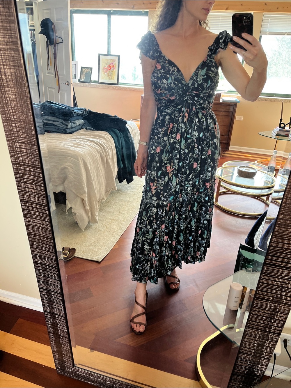 Anthropologie Floral-Shoulder Maxi Dress - Black with Pink & Green Flowers M